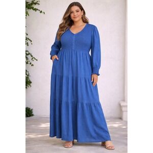 Kate Kasin Blue Smocked Tiered Maxi Dress Long Sleeve V-Neck Pockets Size L NWT